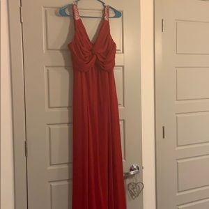 Long red sexy dress with crystal straps